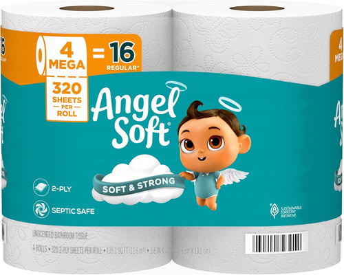 Angel Soft Toilet Paper, 4 Mega Rolls = 16 Regular Rolls, Soft and Strong Toilet Tissue