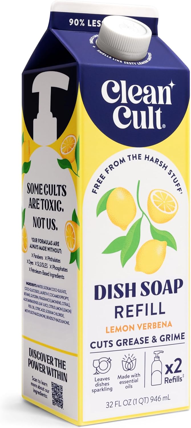 Dish Soap Liquid Refill (32Oz, 1 Pack) - Plant Based Cleaning Power - Dish Soap That Cuts Grease & Grime - Free of Harsh Chemicals - Uses 90% Less Plastic - Lemon Verbena