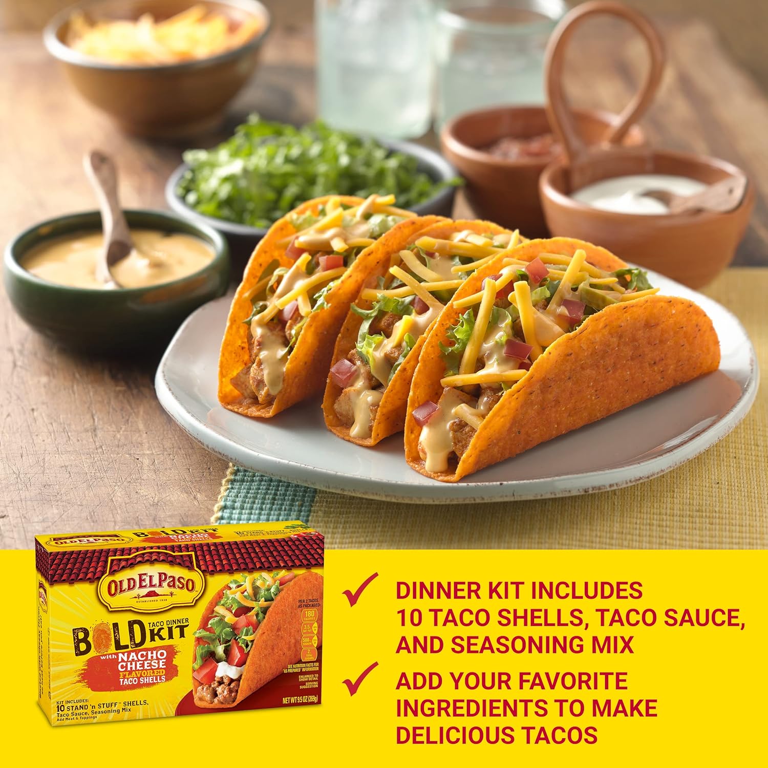 Old El Paso Bold Taco Dinner Kit with Nacho Cheese Flavored Taco Shells, Meal Prep, 9.5 oz